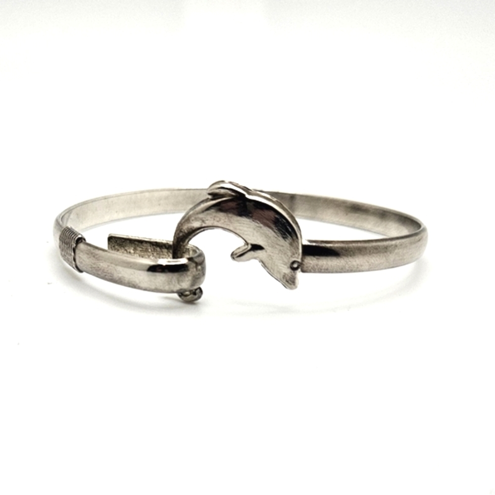 Y2K Dolphin Silver Tone Bangle Clasp Bracelet